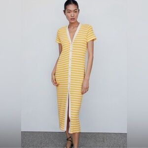 Mango Yellow and White Striped Midi Dress